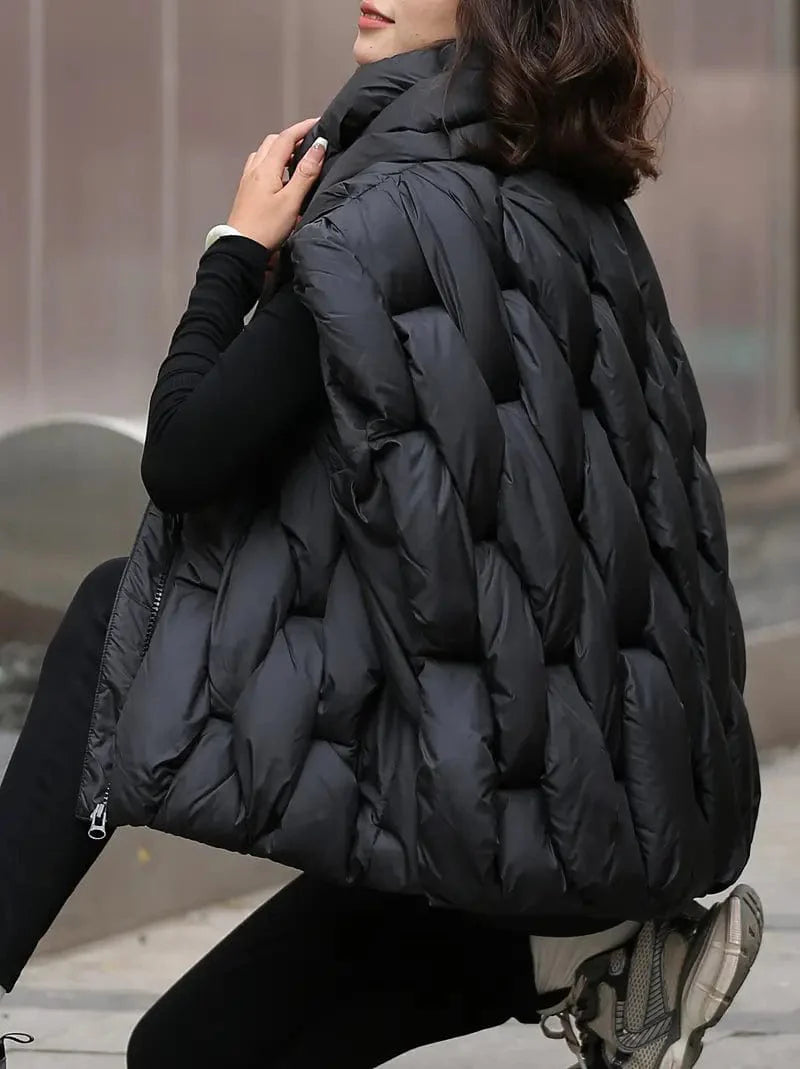 Elegant Stand Collar Sleeveless Vest with Zipper Closure, Women's Warm Clothing
