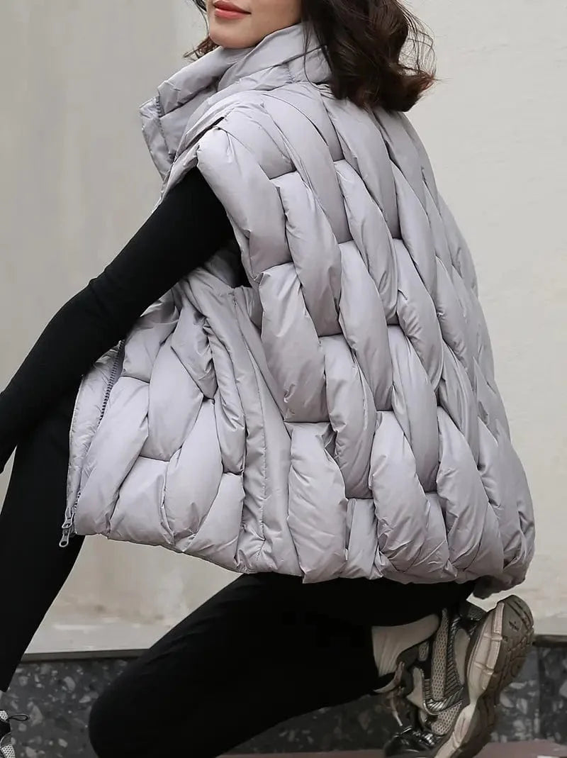 Elegant Stand Collar Sleeveless Vest with Zipper Closure, Women's Warm Clothing