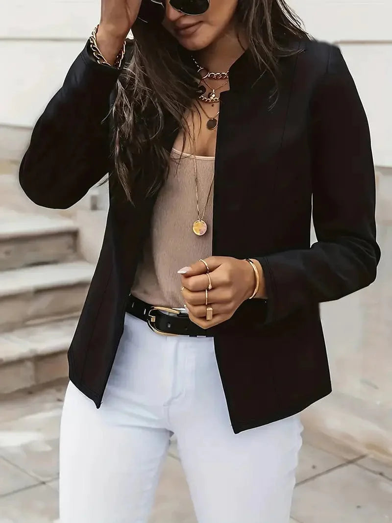 Elegant Stand Neck Long Sleeve Blazer for Women, Classic Open Front Jacket for Everyday Chic