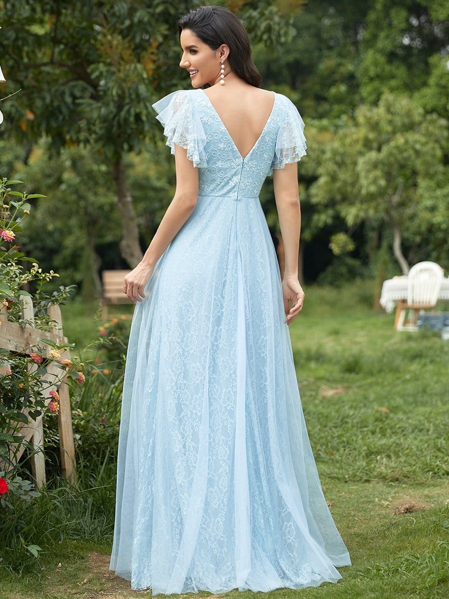 Elegant V-Neck Floor Length Gown with Ruffle Sleeves