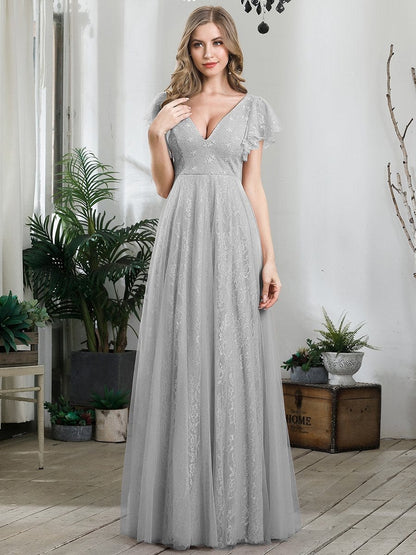 Elegant V-Neck Floor Length Gown with Ruffle Sleeves