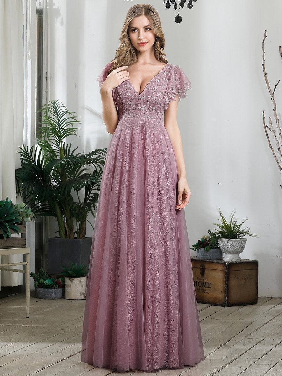 Elegant V-Neck Floor Length Gown with Ruffle Sleeves