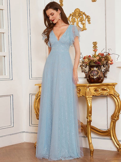 Elegant V-Neck Floor Length Gown with Ruffle Sleeves