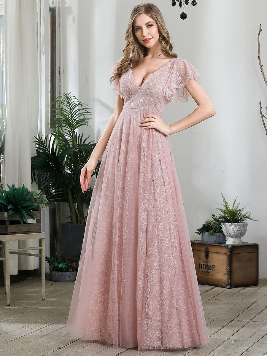 Elegant V-Neck Floor Length Gown with Ruffle Sleeves