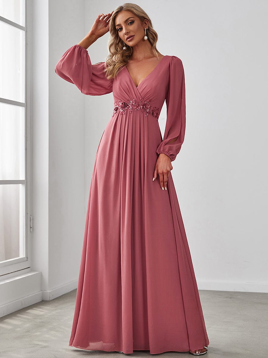 Elegant V-Neck Formal Dress with Long Lantern Sleeves