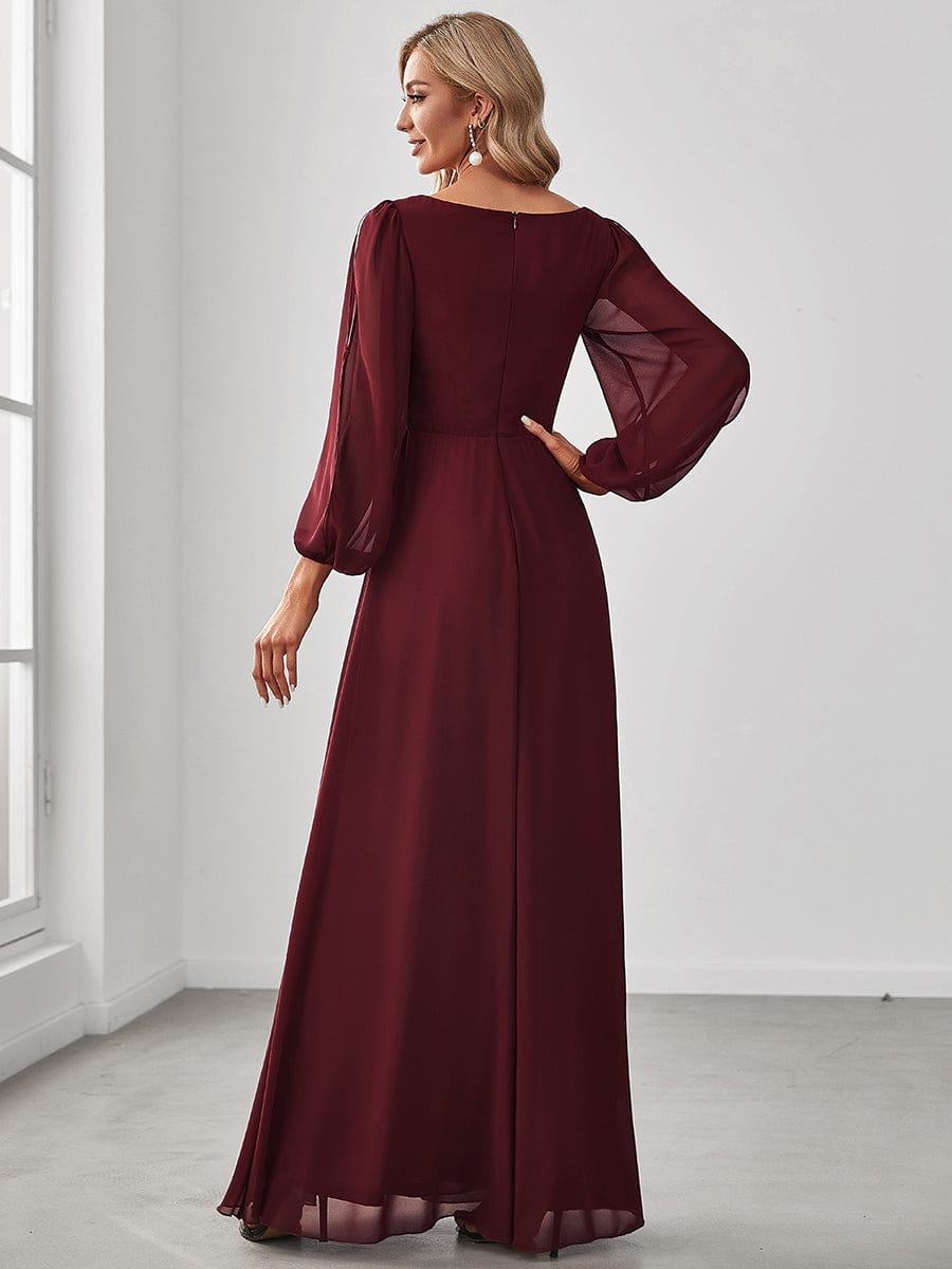 Elegant V-Neck Formal Dress with Long Lantern Sleeves