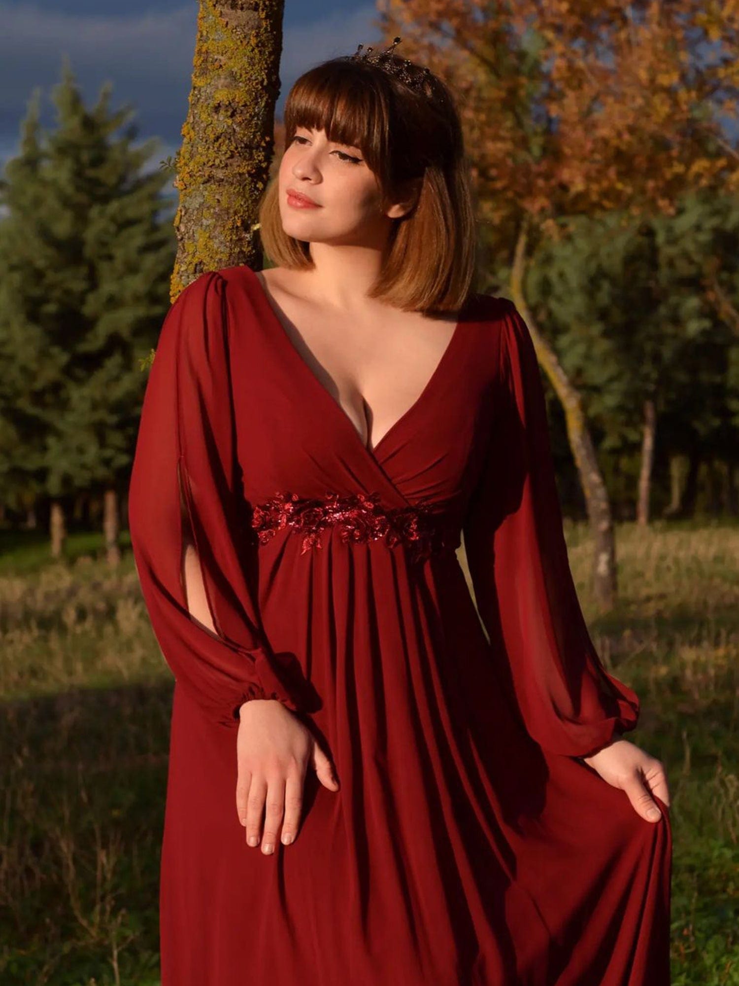 Elegant V-Neck Formal Dress with Long Lantern Sleeves