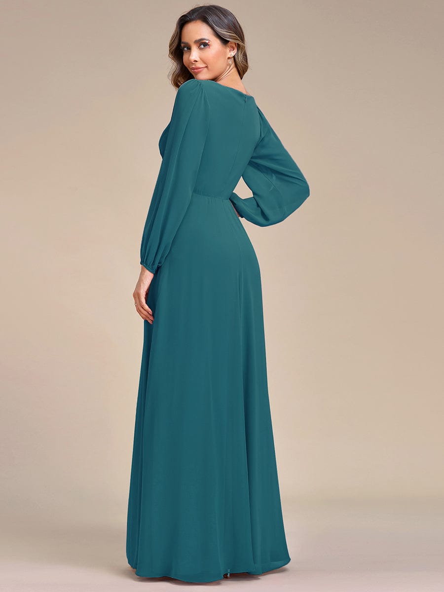 Elegant V-Neck Formal Dress with Long Lantern Sleeves