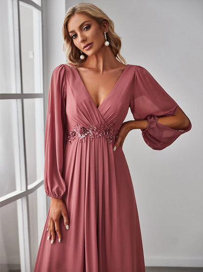 Elegant V-Neck Formal Dress with Long Lantern Sleeves