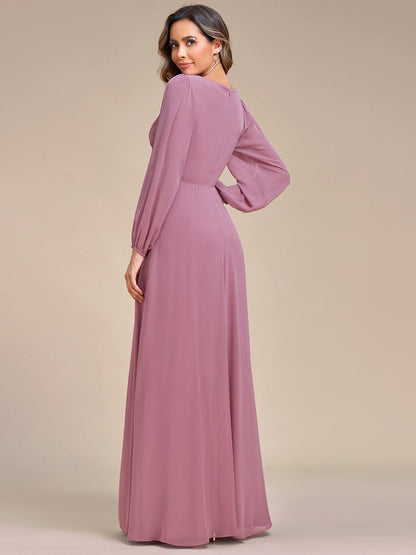 Elegant V-Neck Formal Dress with Long Lantern Sleeves