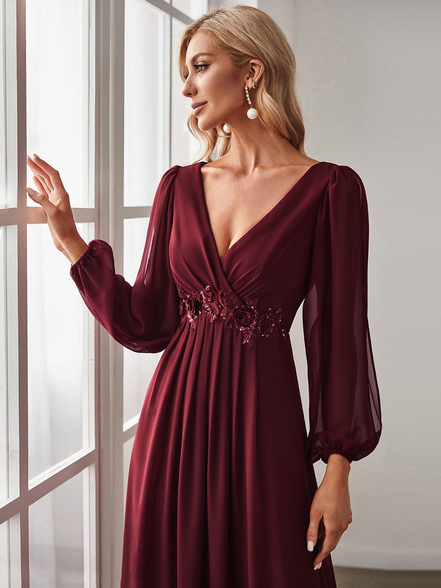 Elegant V-Neck Formal Dress with Long Lantern Sleeves