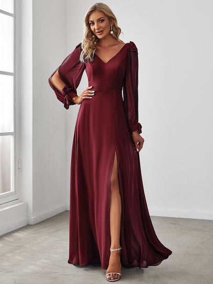 Elegant V Neck Split Bridesmaid Gown with Lantern Sleeves