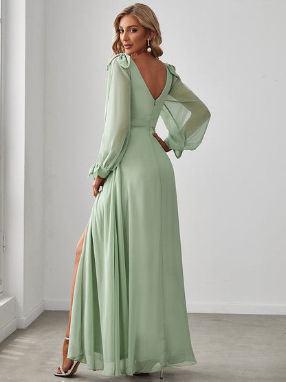 Elegant V Neck Split Bridesmaid Gown with Lantern Sleeves