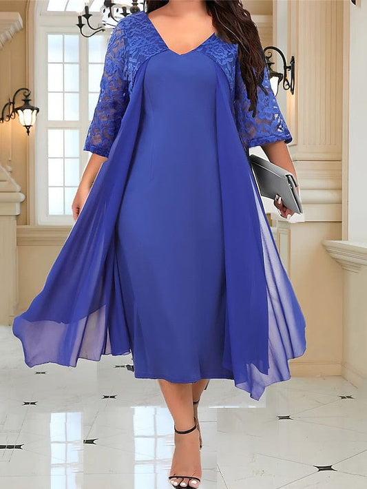 Elegant Wine Blue Lace Party Dress for Women Plus Size 3/4 Sleeve V Neck Midi Dress
