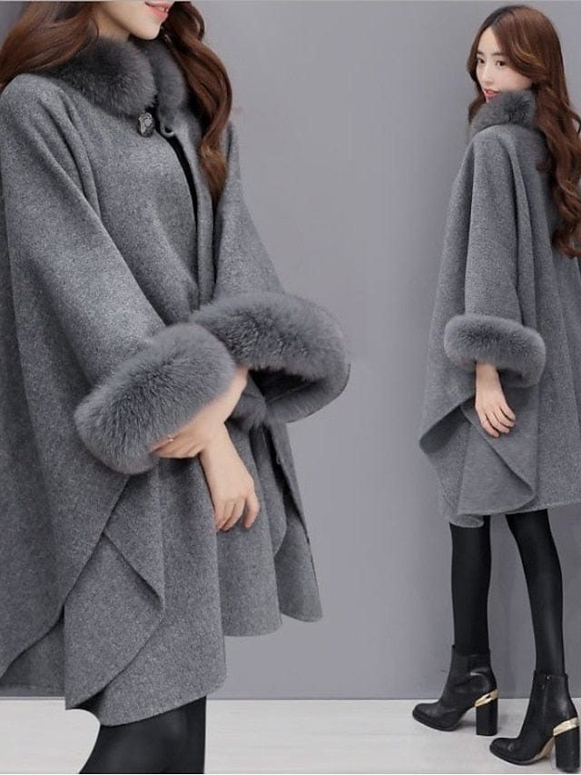 Elegant Women's Faux Fur Lapel Cloak/Cape Overcoat