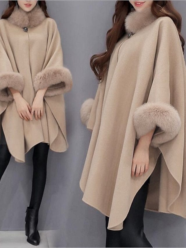 Elegant Women's Faux Fur Lapel Cloak/Cape Overcoat