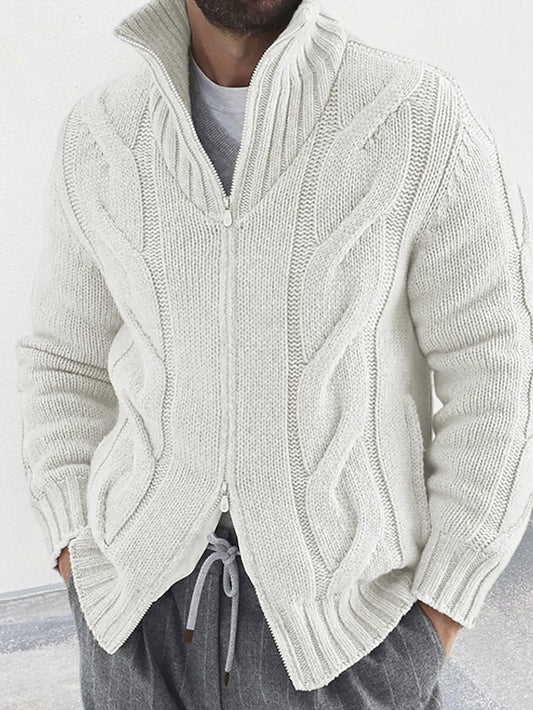 Men's Cardigan Sweater Zip Sweater Cropped Sweater Cable Knit Regular Knitted Vintage Plain Stand Collar Warm Ups Modern Contemporary Daily Wear Going out Clothing Apparel Winter Black White M L XL