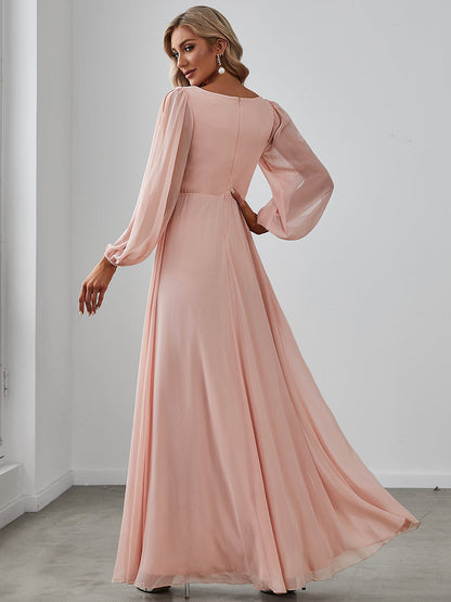 Sophisticated Deep V-Neck Formal Dress with Long Lantern Sleeves