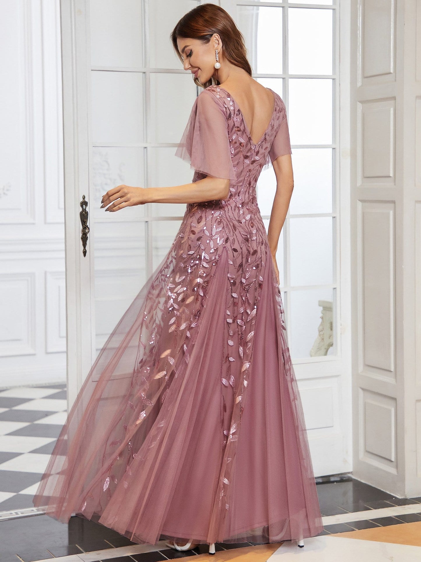Formal Dress - Shimmery V Neck Ruffle Sleeves Sequin Maxi Long Evening Dress - MsDressly