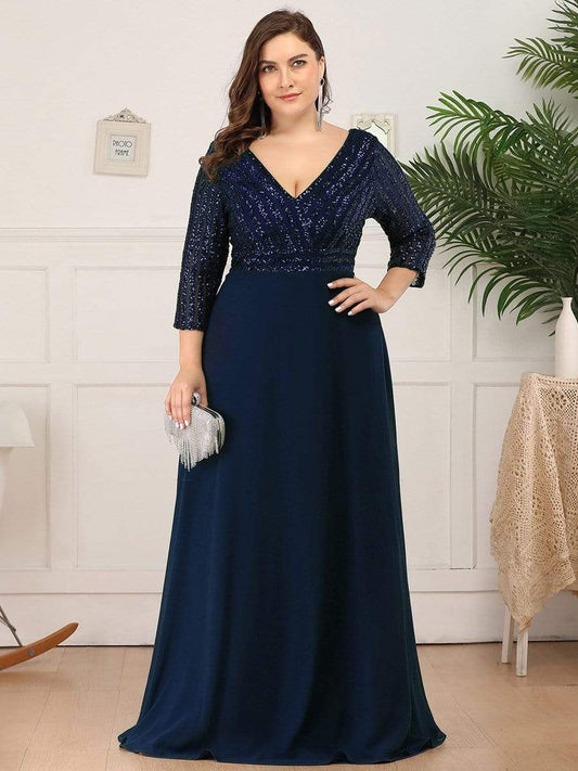 Sleek Plus Size V-Neck Sequin A-Line Formal Evening Gown with 3/4 Sleeves