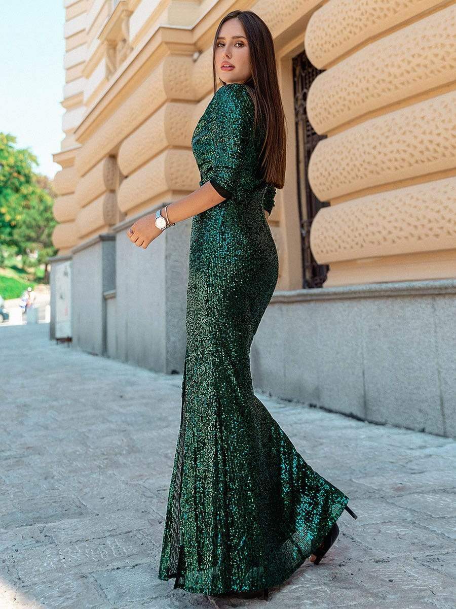 Formal Dress - Shiny V Neck Sequin Long Sleeves Evening Dress - MsDressly