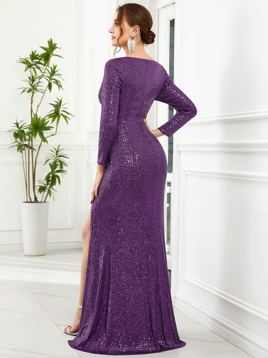 Formal Dress - Shiny V Neck Sequin Long Sleeves Evening Dress - MsDressly
