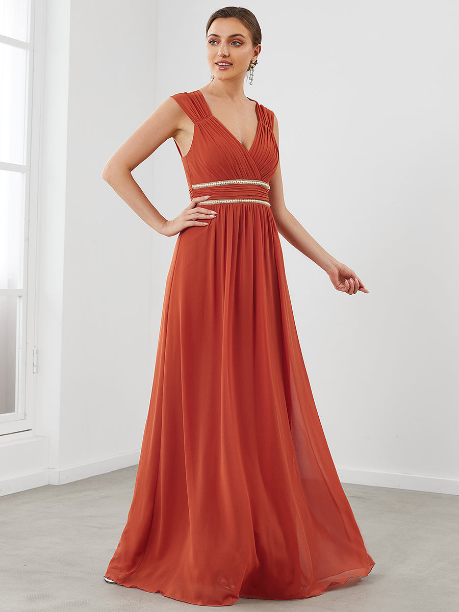 Stylish V Neck A-Line Bridesmaid Gown Featuring Waist Belt