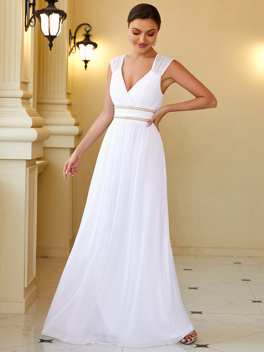 Stylish V Neck A-Line Bridesmaid Gown Featuring Waist Belt