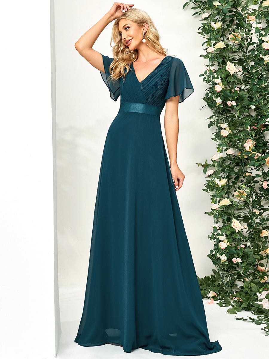 Sophisticated Chiffon Evening Gown with Double V-Neck and Elegant Ruffles