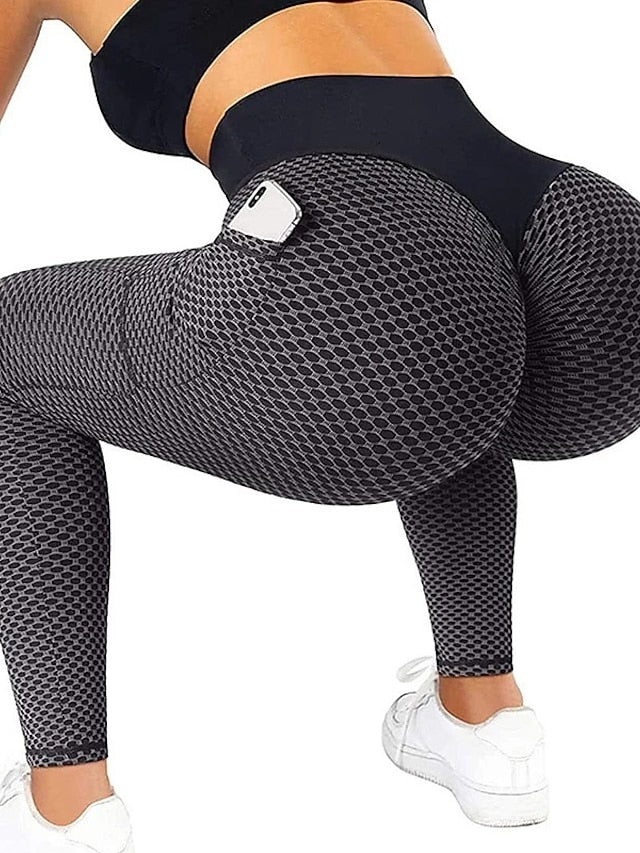 Women's Yoga Leggings Plus Size Scrunch Butt Side Pockets Jacquard Tummy Control Butt Lift Quick Dry Yoga Fitness Gym Workout Tights Leggings Black Green Gray Sports High Elasticity - LuckyFash™