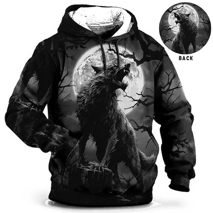 Halloween Howl At The Moon Mens Graphic Hoodie Animal Wolf Prints Daily Classic Casual 3D Pullover Holiday Going Out Streetwear Hoodies Blue Orange Green Long Sleeve Black Howling Cotton