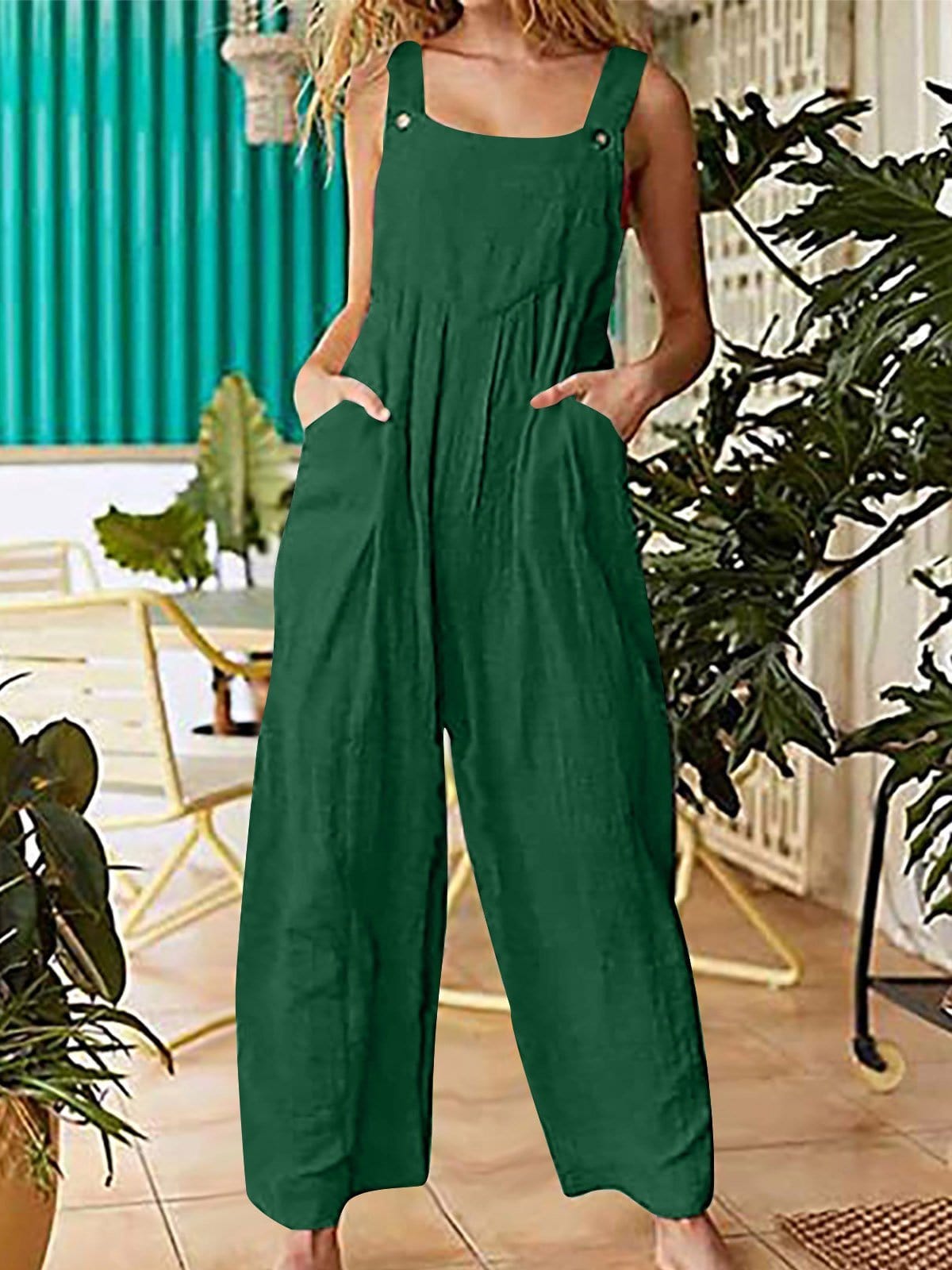 Ethnic Style Solid Button Suspender Jumpsuit