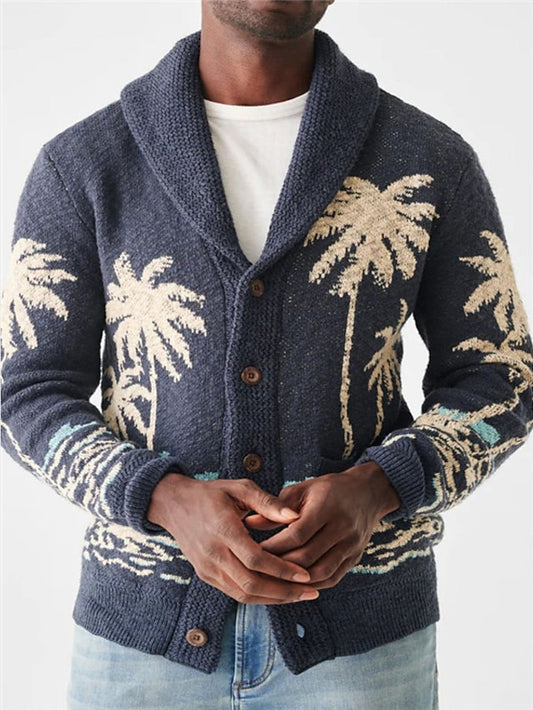 Coconut Tree Retro Vintage Men's Button Knitting Print Cardigan Sweater Knitwear Outdoor Daily Vacation Long Sleeve V Neck Sweaters Navy Blue Fall Winter S M L Sweaters