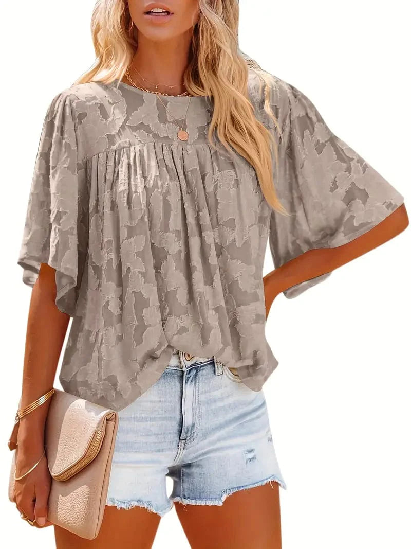Everyday Casual Lace Blouse with Flare Sleeves and Crew Neck