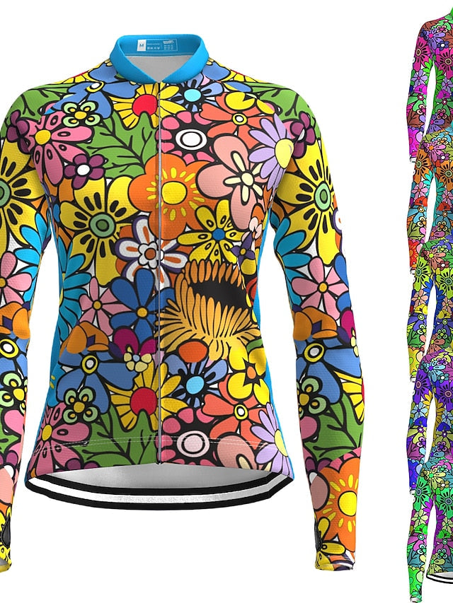 21Grams Women's Cycling Jersey Long Sleeve Bike Top with 3 Rear Pockets Mountain Bike MTB Road Bike Cycling Breathable Moisture Wicking Quick Dry Reflective Strips Yellow Blue Purple Rainbow Floral - LuckyFash™