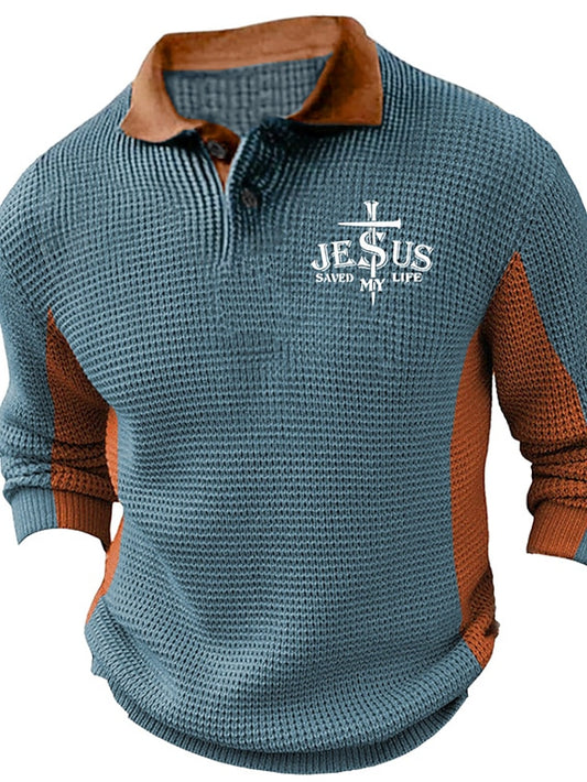 Jesus Faith Retro Vintage Men's Print Button Knitting Pullover Sweater Jumper Polo Sweater Knitwear Outdoor Daily Vacation Long Sleeve Turndown Sweaters Blue Green Fall Winter S M L Sweaters