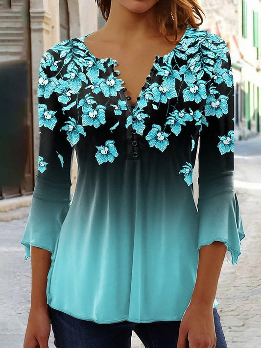 Floral Gradient Women's Button-Up Blouse with Neon Round Neck