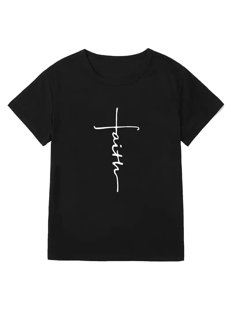 Faith Print V-Neck Tee, Comfy Everyday Short Sleeve Top, Women's Apparel