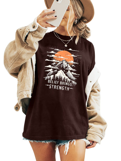 Sunset Print T-shirt, Short Sleeve Crew Neck Casual Top For Summer & Spring, Women's Clothing