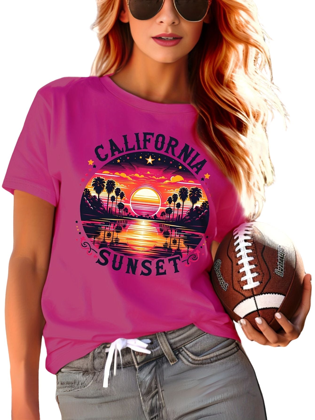 California Sunset Print T-shirt, Casual Crew Neck Short Sleeve Top For Spring & Summer, Women's Clothing
