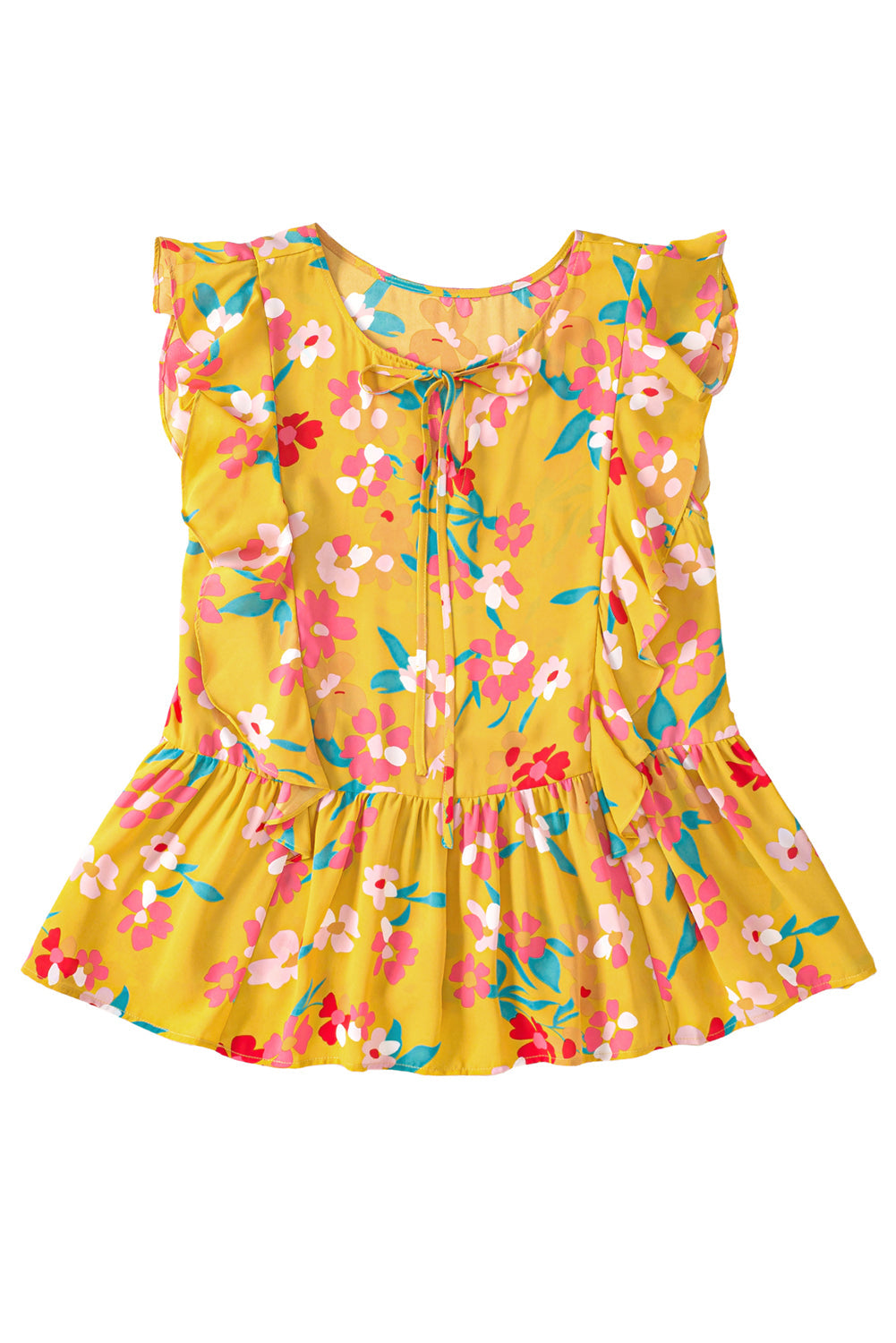 Yellow Plus Size Ruffle Trim Tie Neck Floral Peplum Tank Top