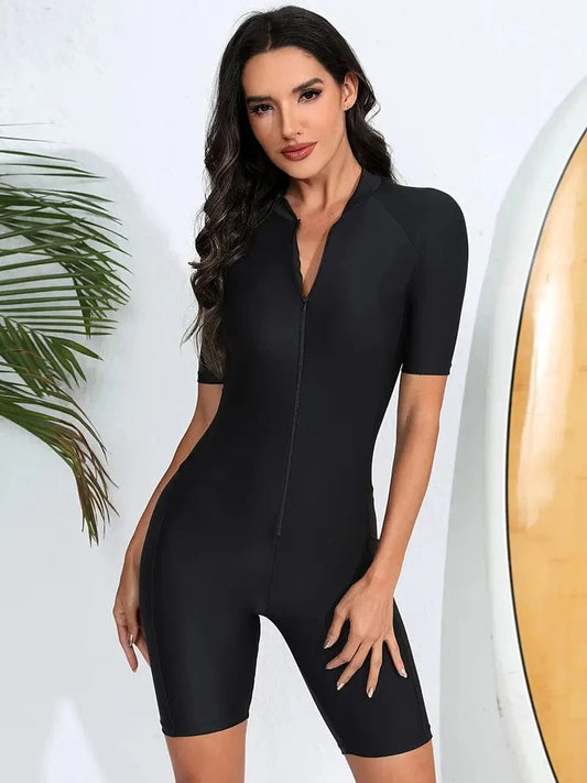 Solid Color One-piece Swimsuit with Short Sleeves and Half Zipper - Women's Surfing Water Sports Bathing Suit
