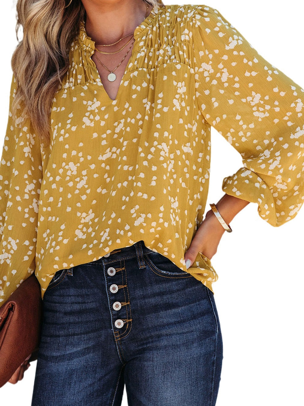 Yellow Floral V-Neck Crinkled Blouse for Early Fall