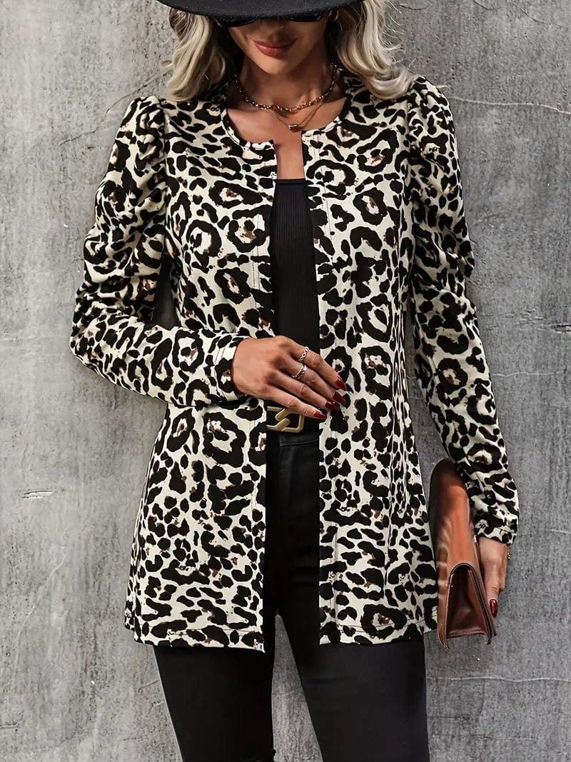 Leopard Print Open Front Coat, Stylish Long Sleeve Outerwear, Women's Fashion