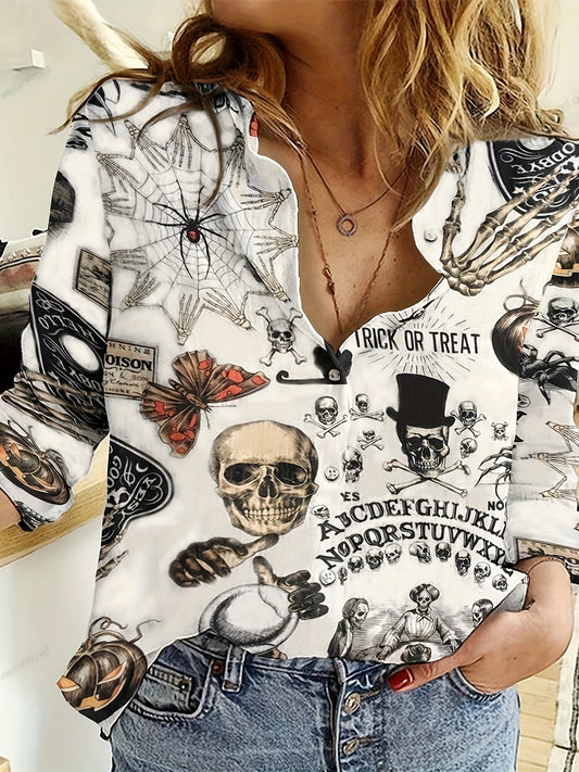 Gothic Butterfly Skull Print Plus Size Button-Up Blouse With Turn Down Collar