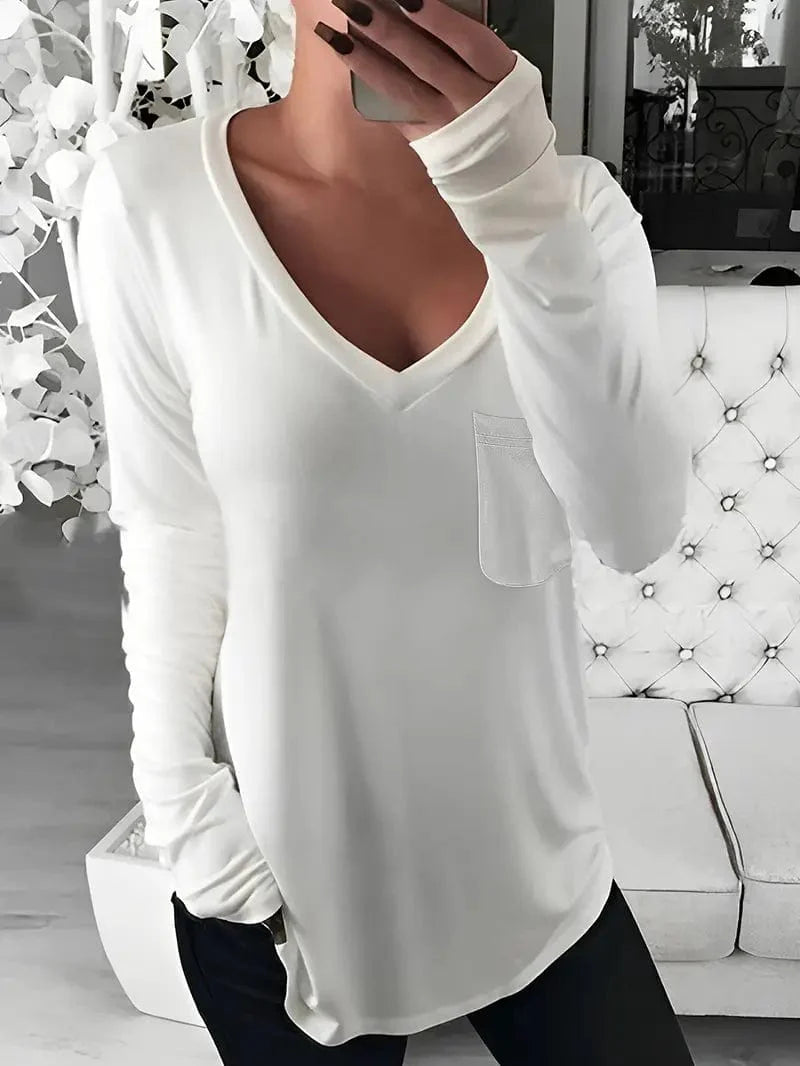 Women's Solid Pocket V Neck Long Sleeve T-Shirt for Spring & Fall