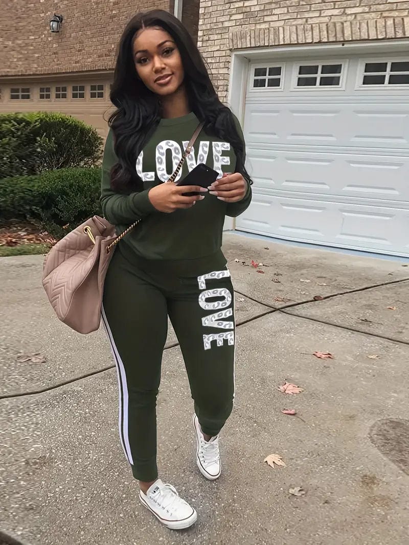 Sports Love Letter Print Two-piece Set for Women, Long Sleeve Top & Pants for Fall & Winter - Women's Apparel