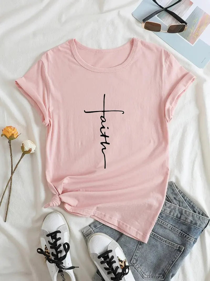 Faith Print V-Neck Tee, Comfy Everyday Short Sleeve Top, Women's Apparel