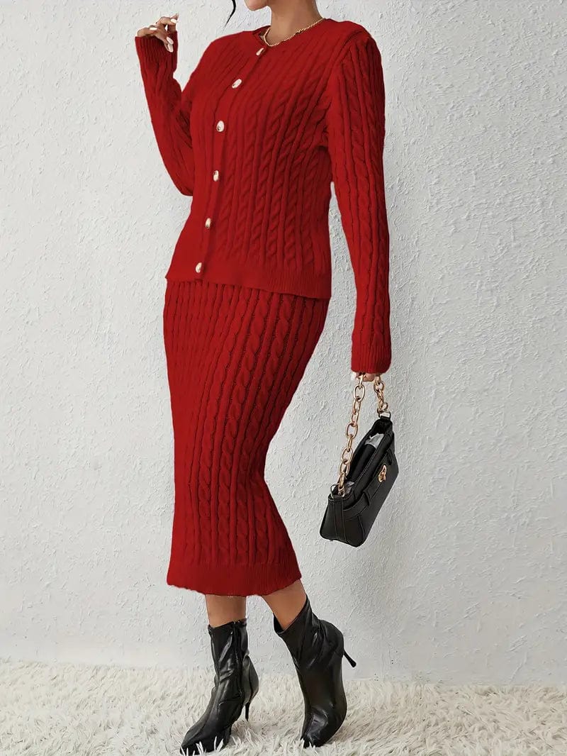 Solid Cable Knit Two-Piece Ensemble with Button Front Top and Crew Neck Sleeveless Dress, Women's Outfits