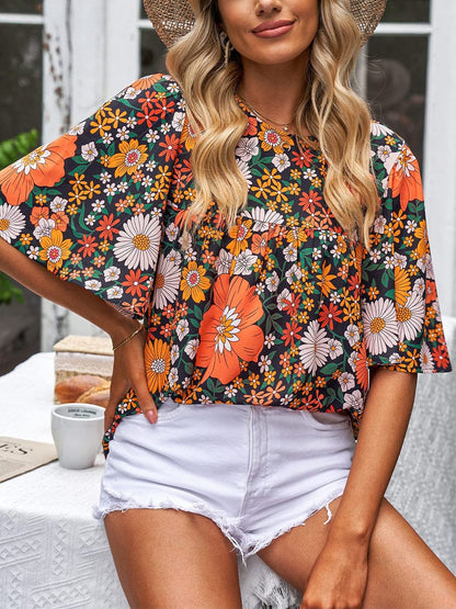 Fashion Casual Floral Print Loose Short Sleeve T-Shirt